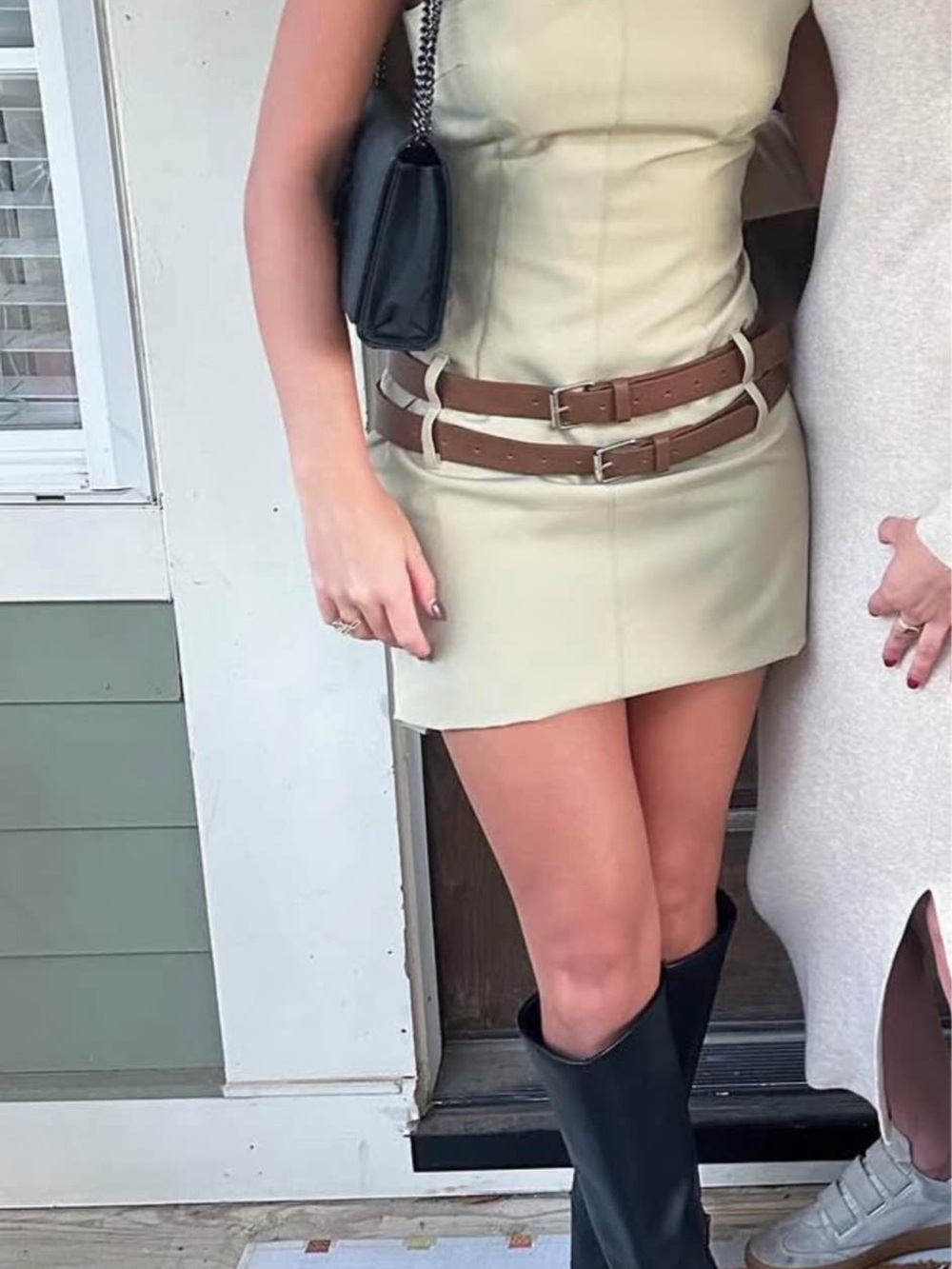 Lioness Cream Mini Dress with Brown Double Belts